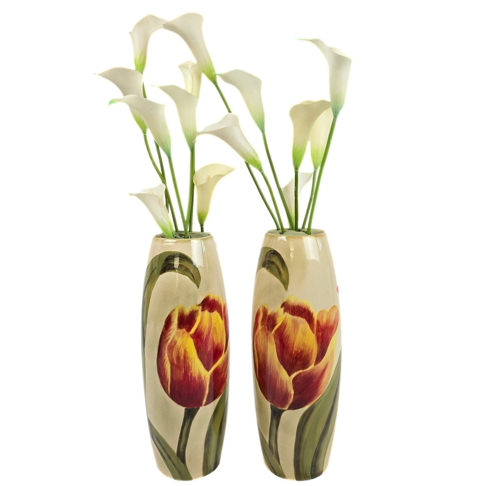 Carolina Pottery 80159 Ceramic Tulip Vases Pair Red Yellow Floral 12.5 Inch Tall